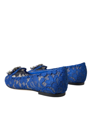 Blue lace crystal ballet flats loafers by Dolce & Gabbana with delicate lace details and sparkling crystal embellishments.