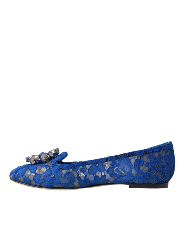 Blue lace crystal ballet flats loafers by Dolce & Gabbana, featuring intricate lace and sparkling crystal embellishments.