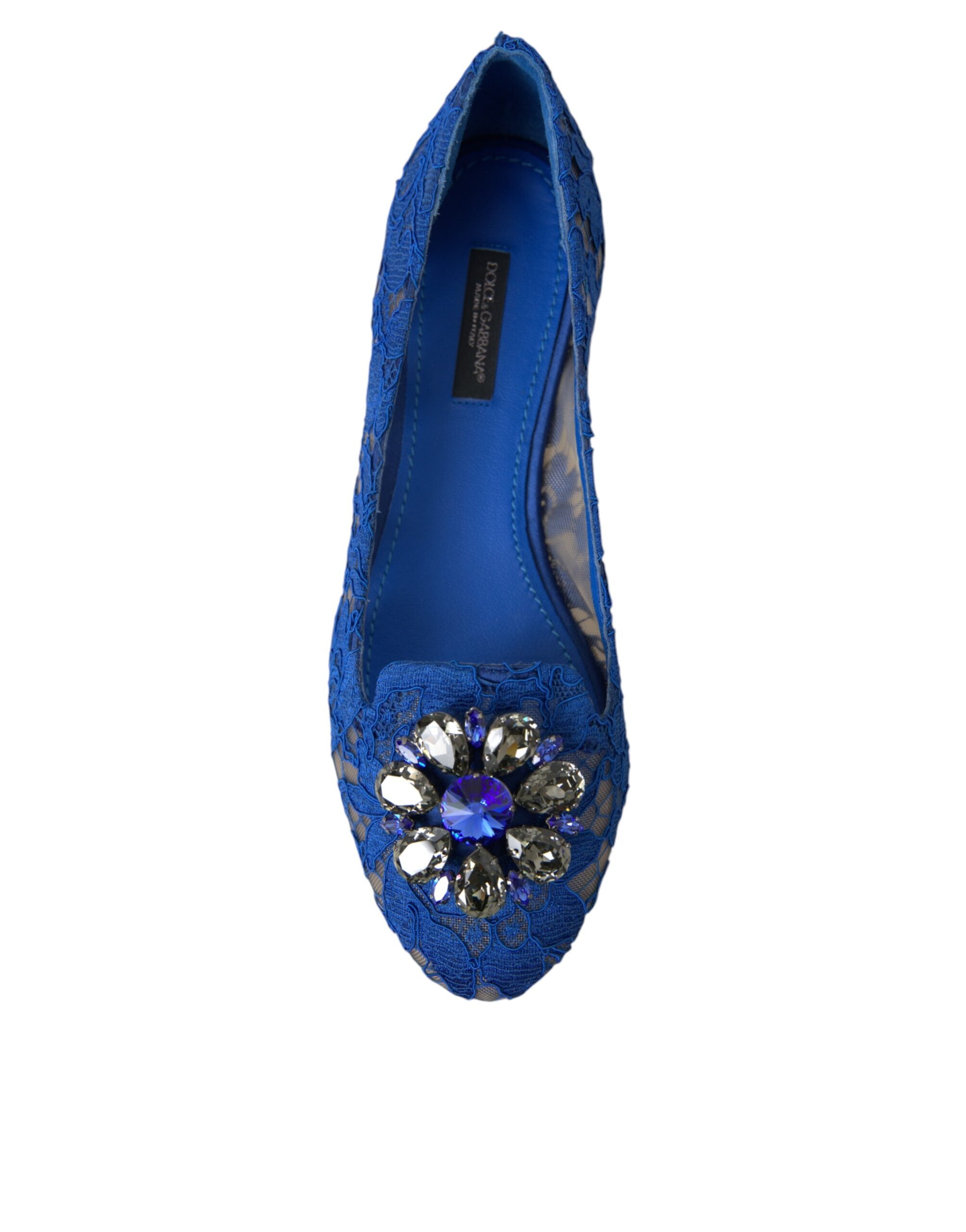 Blue lace crystal ballet flats loafers by Dolce & Gabbana with intricate lace details and sparkling crystal embellishments.