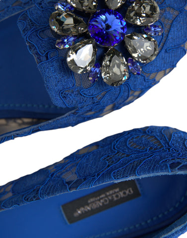 Blue lace ballet flats with crystal embellishments, Dolce & Gabbana loafers, stylish women's slip-on shoes with elegant design.