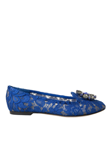 Blue lace crystal ballet flats loafers by Dolce & Gabbana with intricate lace and crystal embellishments on a neutral background.