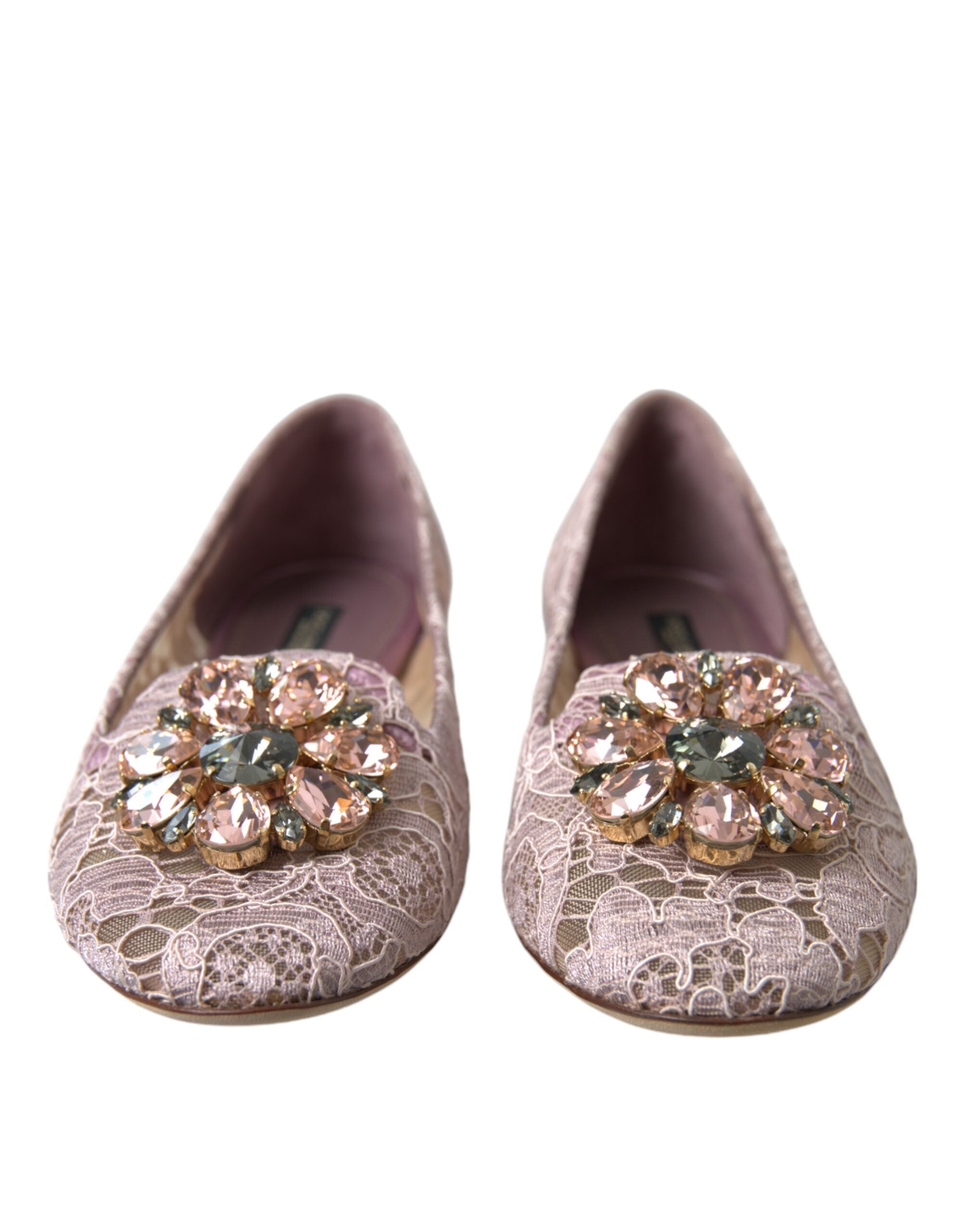 Pink lace crystal ballet flats by Dolce & Gabbana with delicate lace detailing and sparkling crystal embellishments.