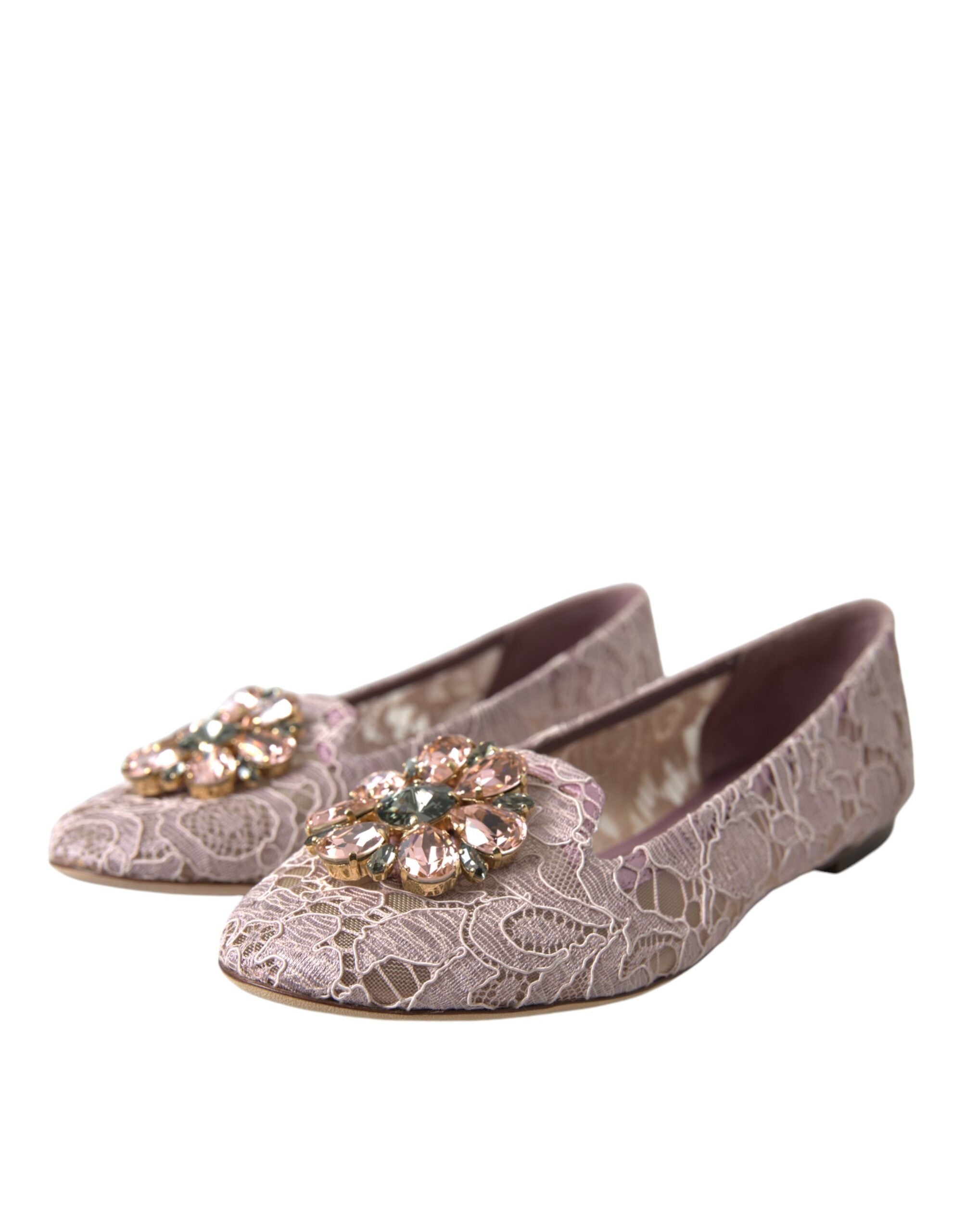 Pink lace ballet flats with crystal embellishments from Dolce & Gabbana, featuring a soft, feminine design and elegant slip-on style.