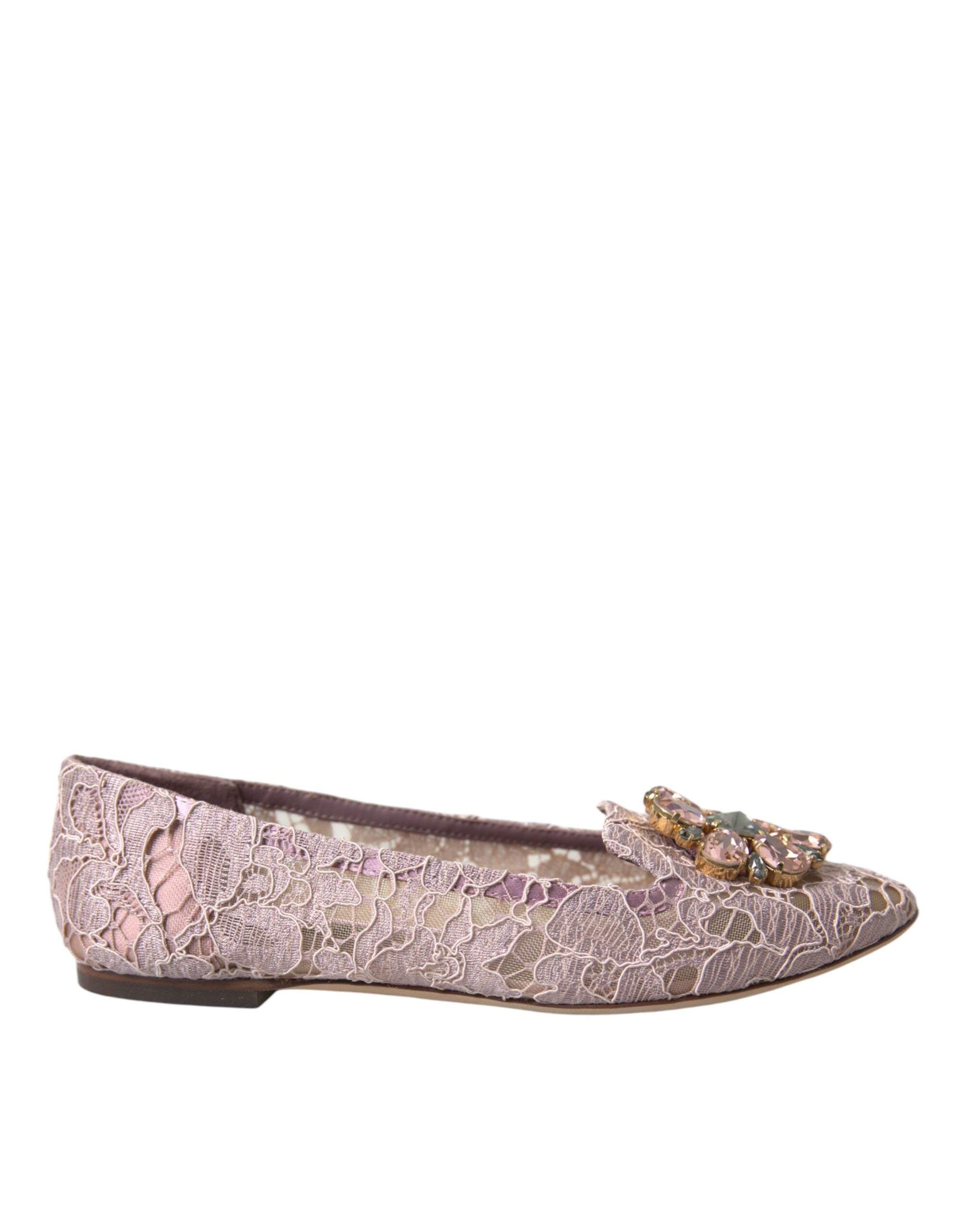 Pink lace crystal ballet flats loafers by Dolce & Gabbana with decorative crystals and lace details.
