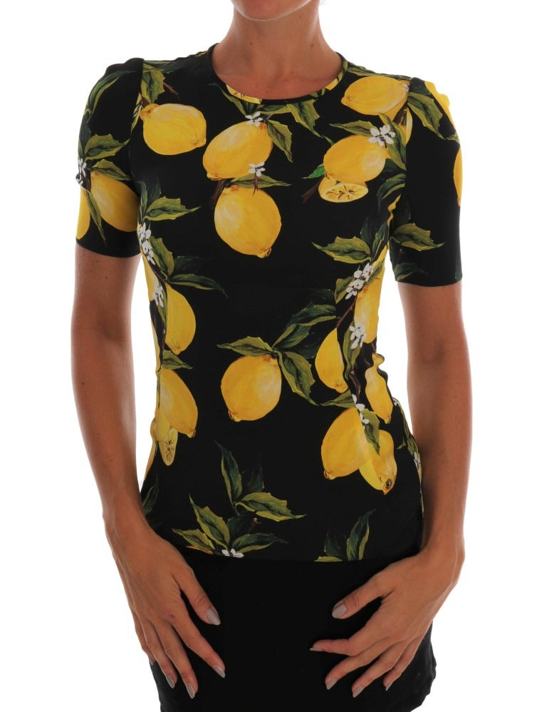 Multicolor lemon silk stretch T-shirt by Dolce & Gabbana featuring vibrant lemon print and fitted silhouette.