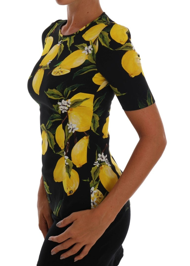 Multicolor lemon silk stretch T-shirt by Dolce & Gabbana featuring vibrant lemon print and fitted style.