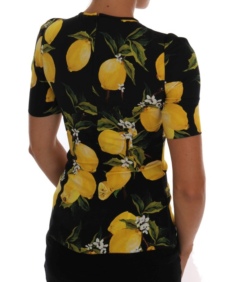 Multicolor lemon silk stretch T-shirt by Dolce & Gabbana, featuring vibrant lemon print and fitted design.