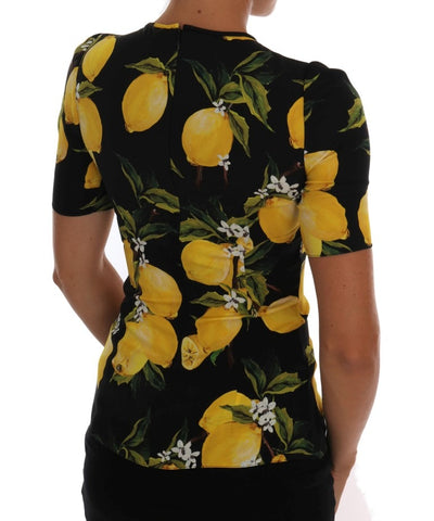 Multicolor lemon silk stretch T-shirt by Dolce & Gabbana, featuring vibrant lemon print and fitted design.