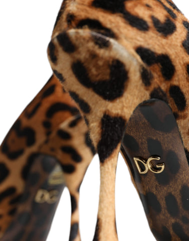 Dolce & Gabbana brown leopard calf hair heels pumps showing pointed toe and stylish animal print design.