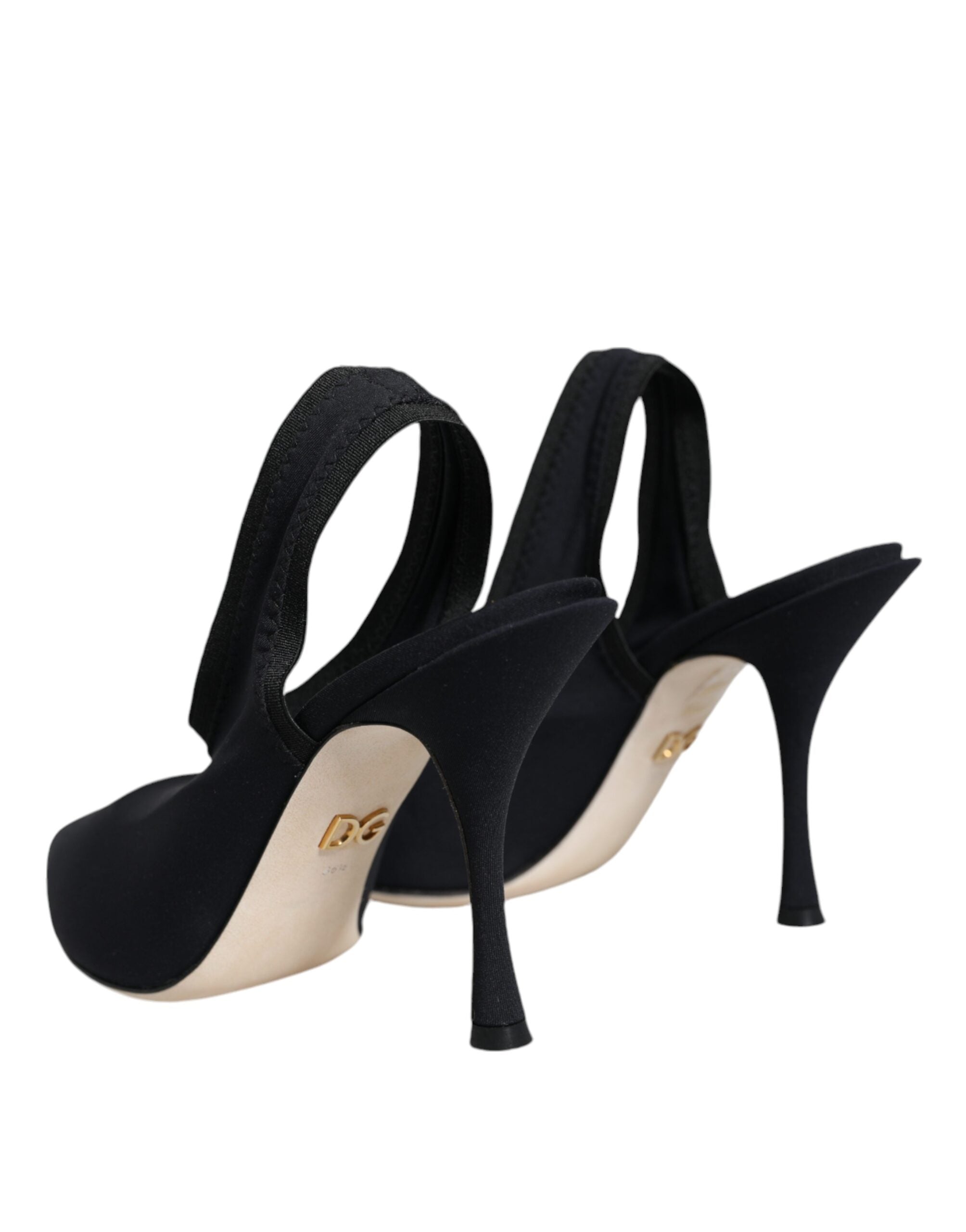 Black Jersey Stretch Heels Slingback Shoes by Dolce & Gabbana with sleek design and pointed toe, shown on a neutral background.