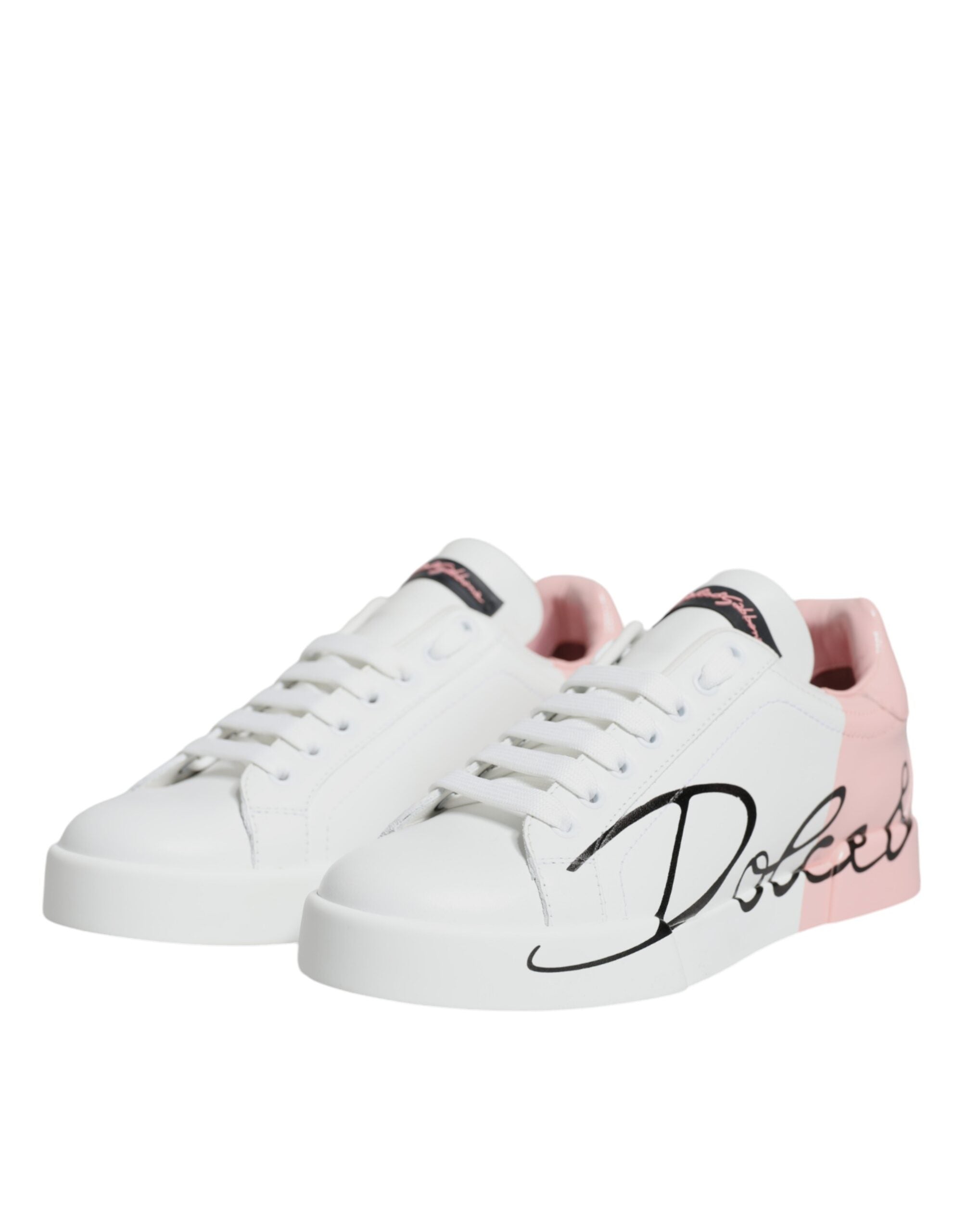 White and pink Dolce & Gabbana Portofino low top sneakers with stylish design and comfortable lace-up shoes.