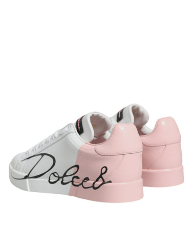 White and pink Dolce & Gabbana Portofino low top sneakers with sleek design and lace-up closure.