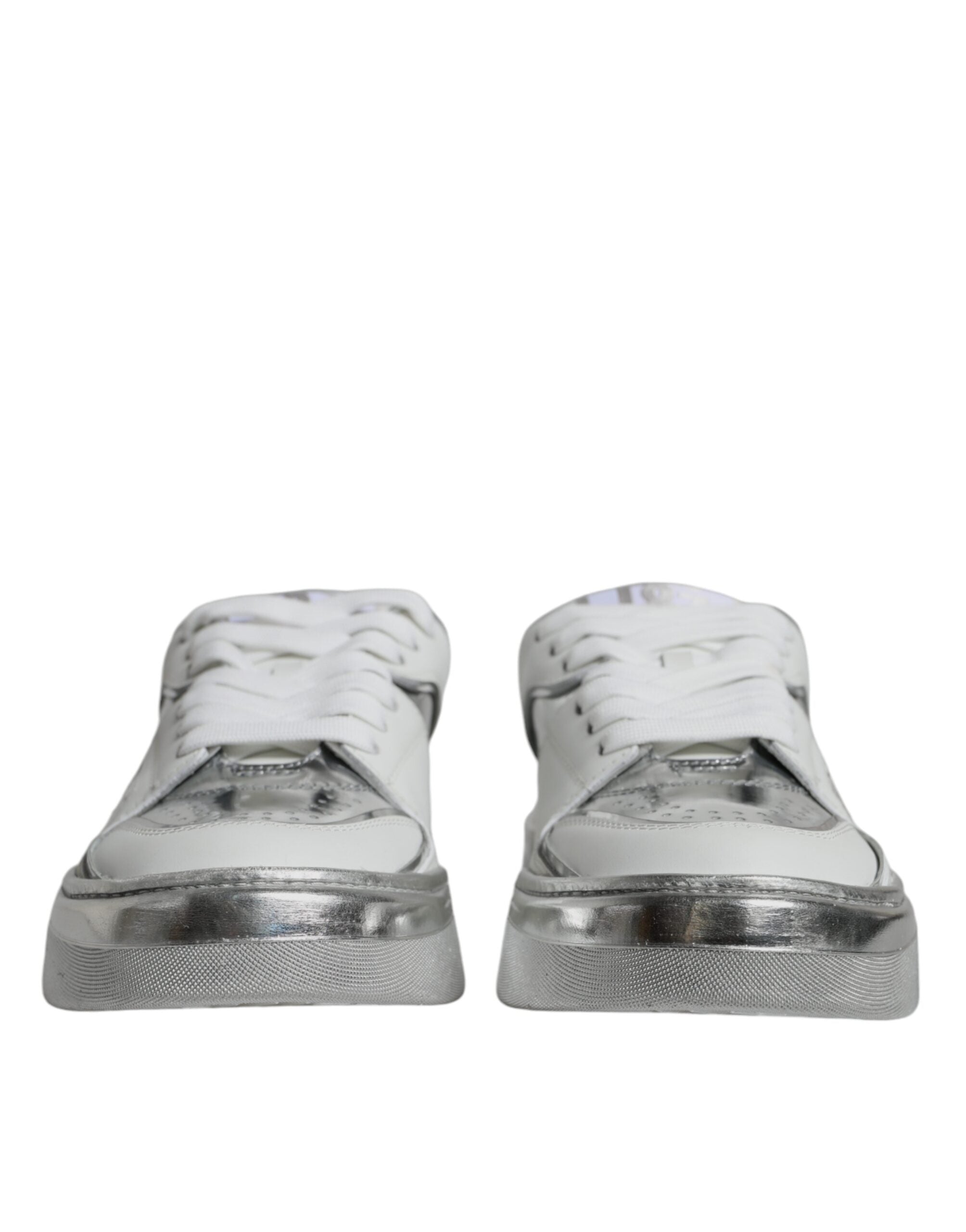 White silver leather low-top sneakers by Dolce & Gabbana, showcasing stylish casual shoes with sleek design and comfortable fit.