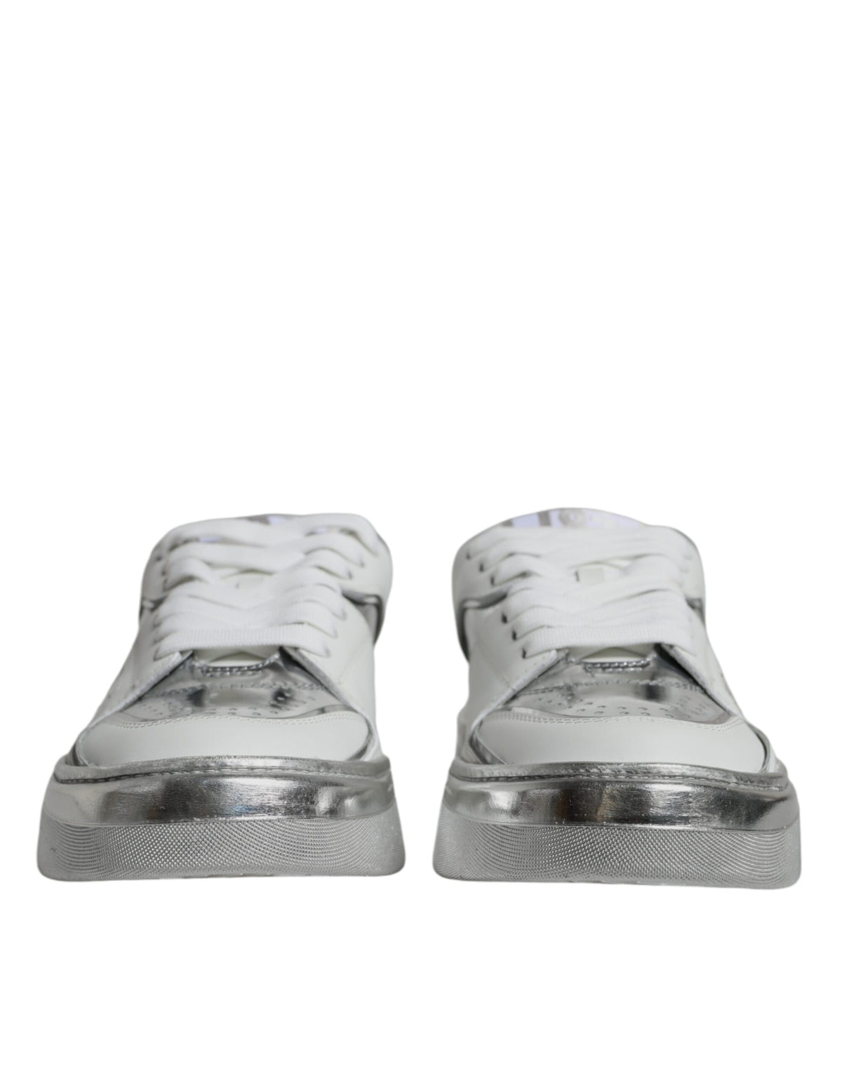 White silver leather low-top sneakers by Dolce & Gabbana, showcasing stylish casual shoes with sleek design and comfortable fit.