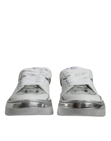 White silver leather low-top sneakers by Dolce & Gabbana, showcasing stylish casual shoes with sleek design and comfortable fit.