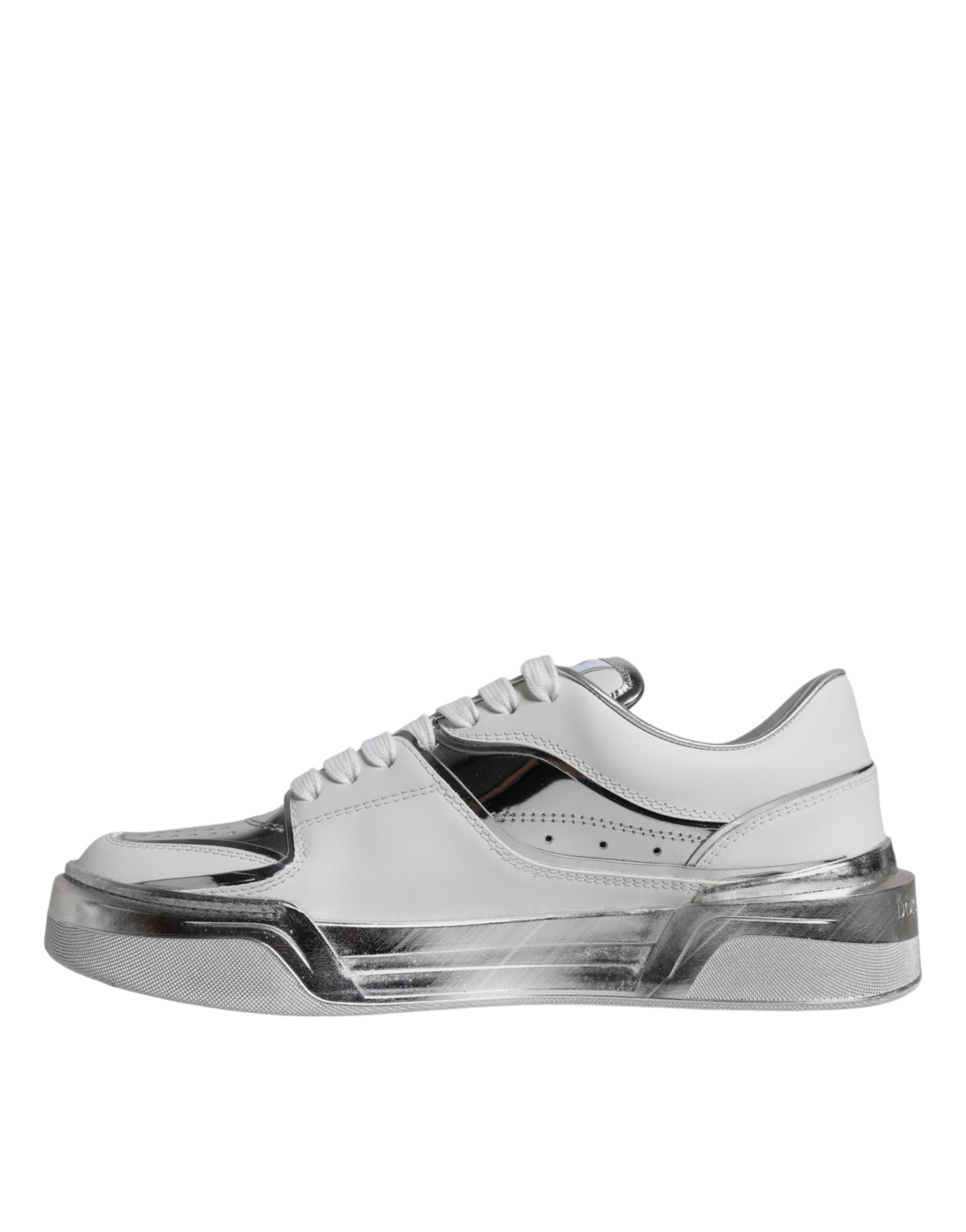 White silver leather low top sneakers by Dolce & Gabbana, featuring stylish design and comfortable fit.