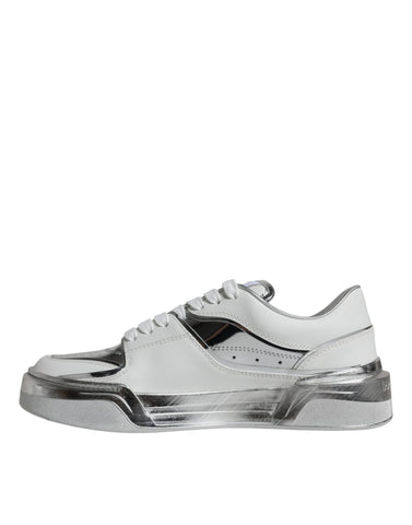 White silver leather low top sneakers by Dolce & Gabbana, featuring stylish design and comfortable fit.