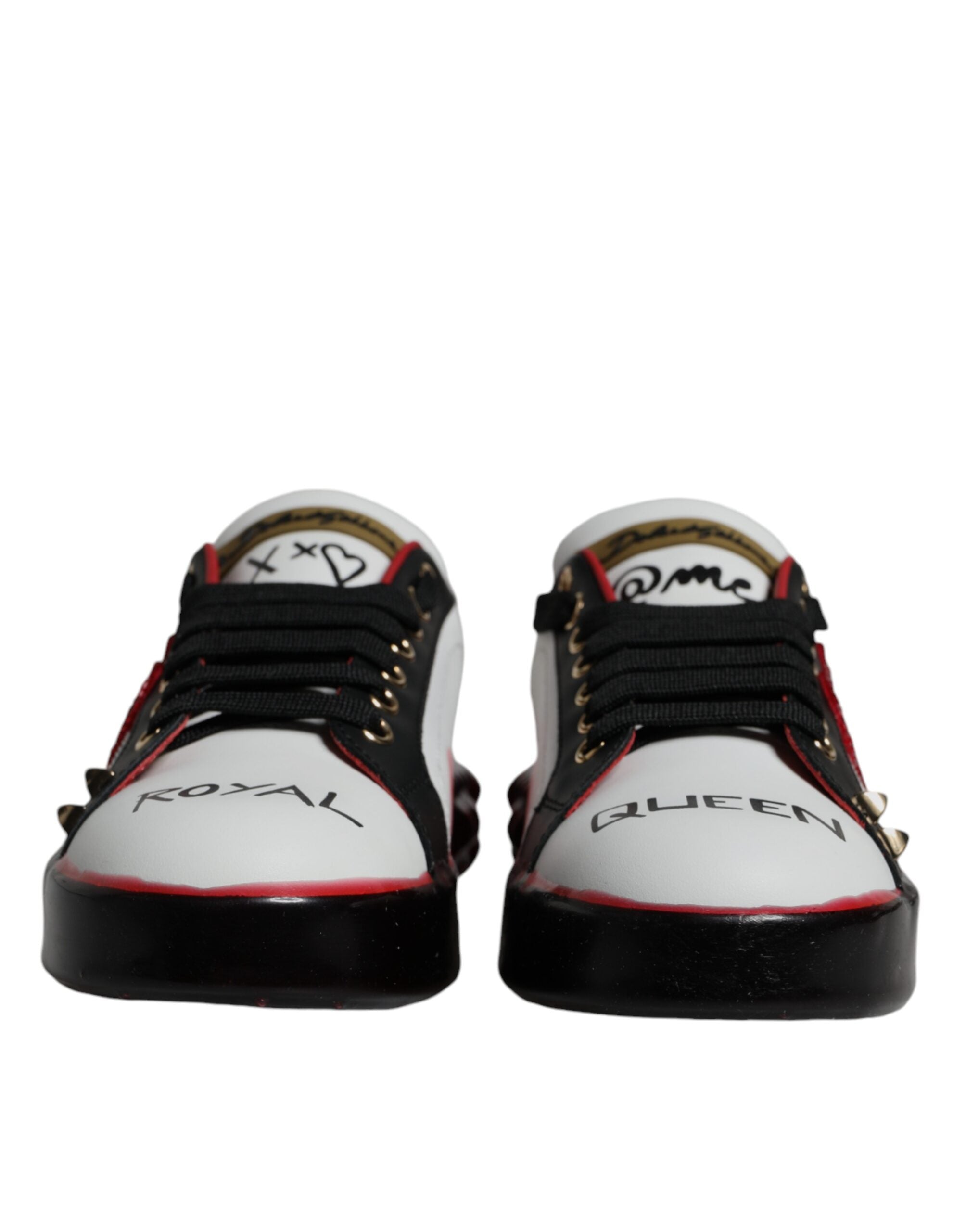 White and red crystal-embellished Dolce & Gabbana Portofino leather sneakers with stylish design and comfortable fit.
