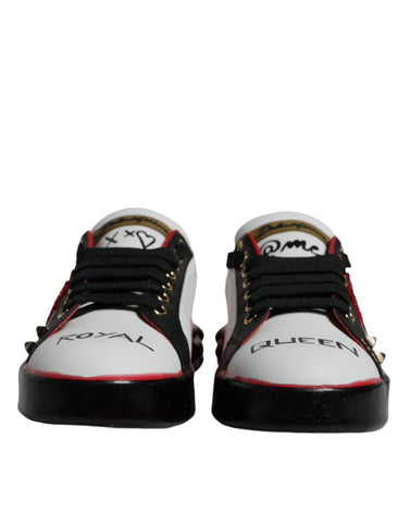 White and red crystal-embellished Dolce & Gabbana Portofino leather sneakers with stylish design and comfortable fit.