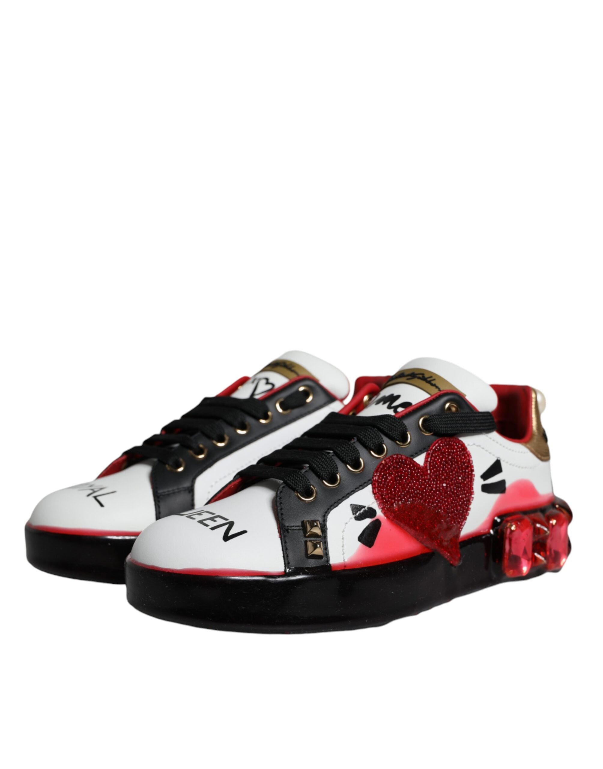 White and red leather Portofino sneakers with crystal accents from Dolce & Gabbana, stylish casual footwear for men.
