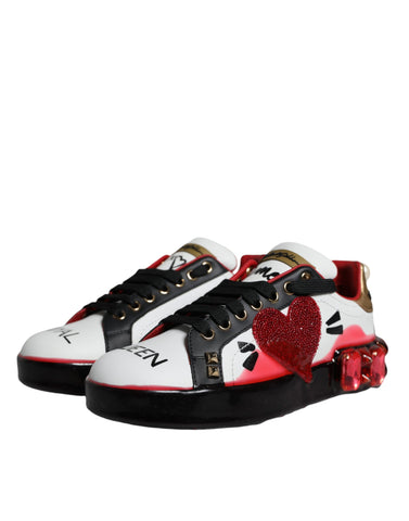 White and red leather Portofino sneakers with crystal accents from Dolce & Gabbana, stylish casual footwear for men.
