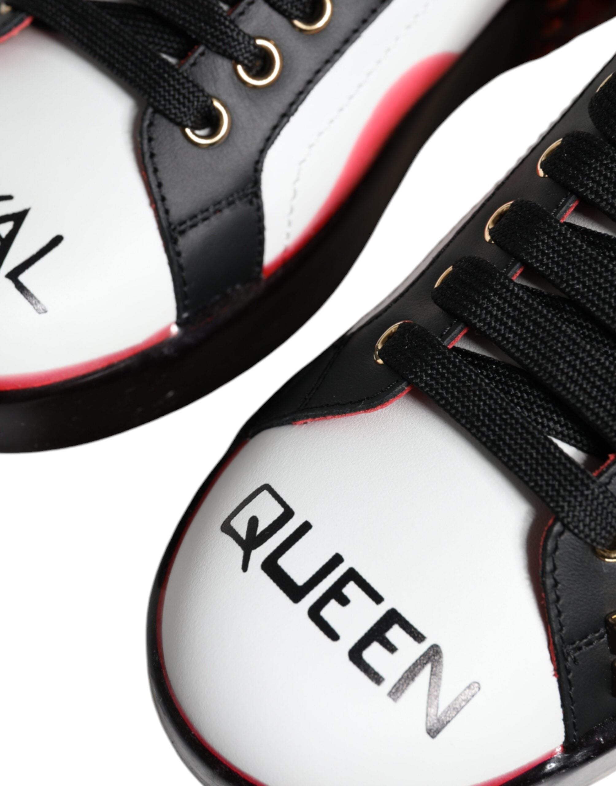 White and red crystal leather Portofino sneakers by Dolce & Gabbana with detailed crystal embellishments and sleek sneaker design.