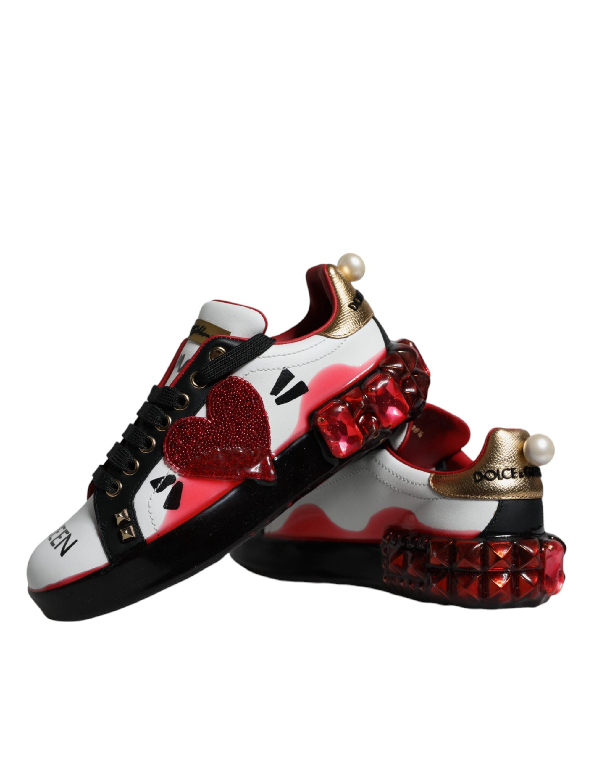 White and red leather Portofino sneakers with crystal accents by Dolce & Gabbana, showcasing stylish casual footwear.