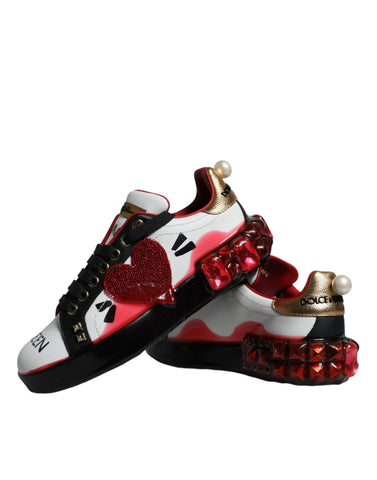 White and red leather Portofino sneakers with crystal accents by Dolce & Gabbana, showcasing stylish casual footwear.