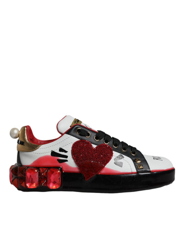 Dolce & Gabbana Portofino sneakers with white leather, red crystal accents, and stylish design.