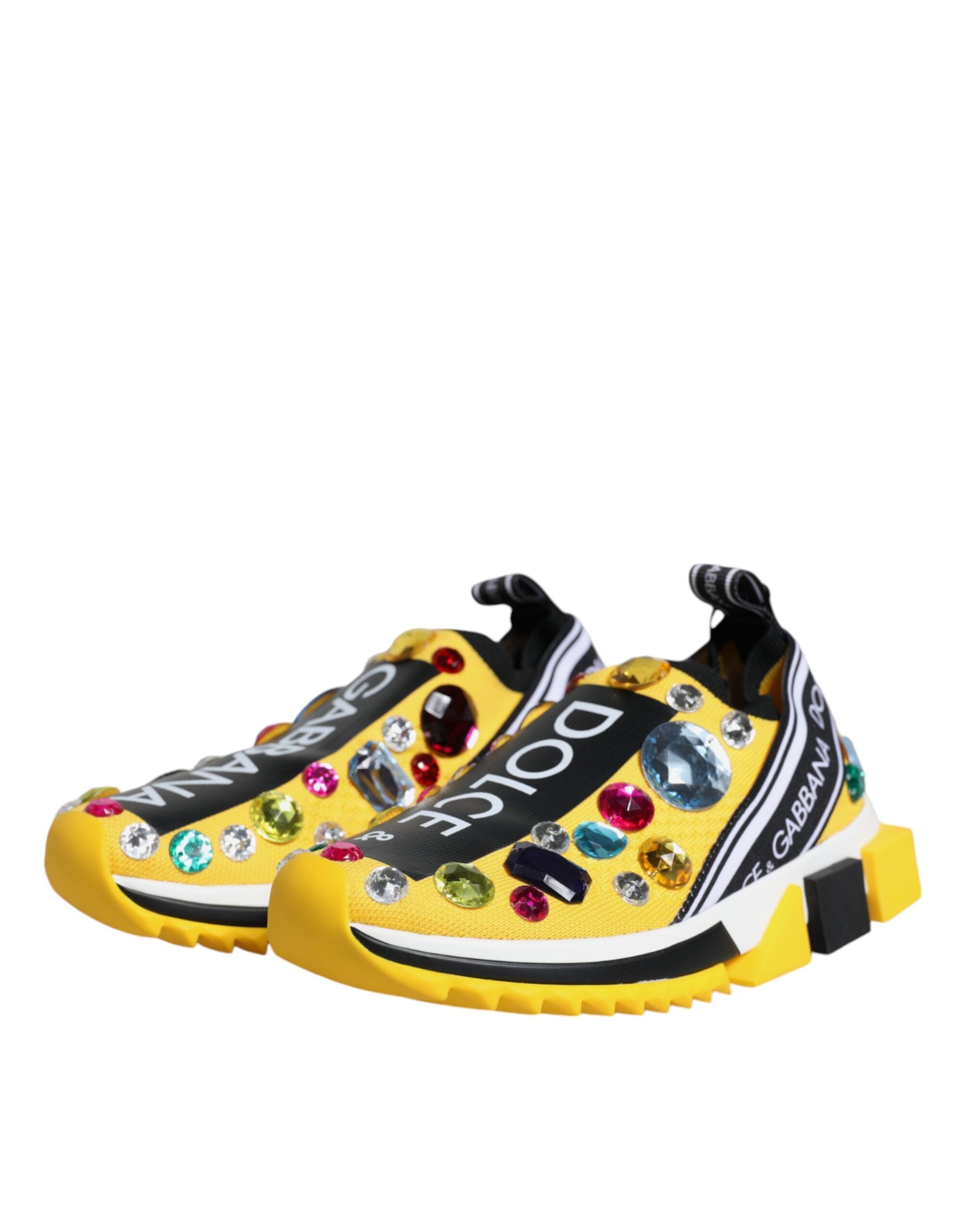 Yellow Sorrento Crystals low top sneakers by Dolce & Gabbana with crystal embellishments and lace-up design.