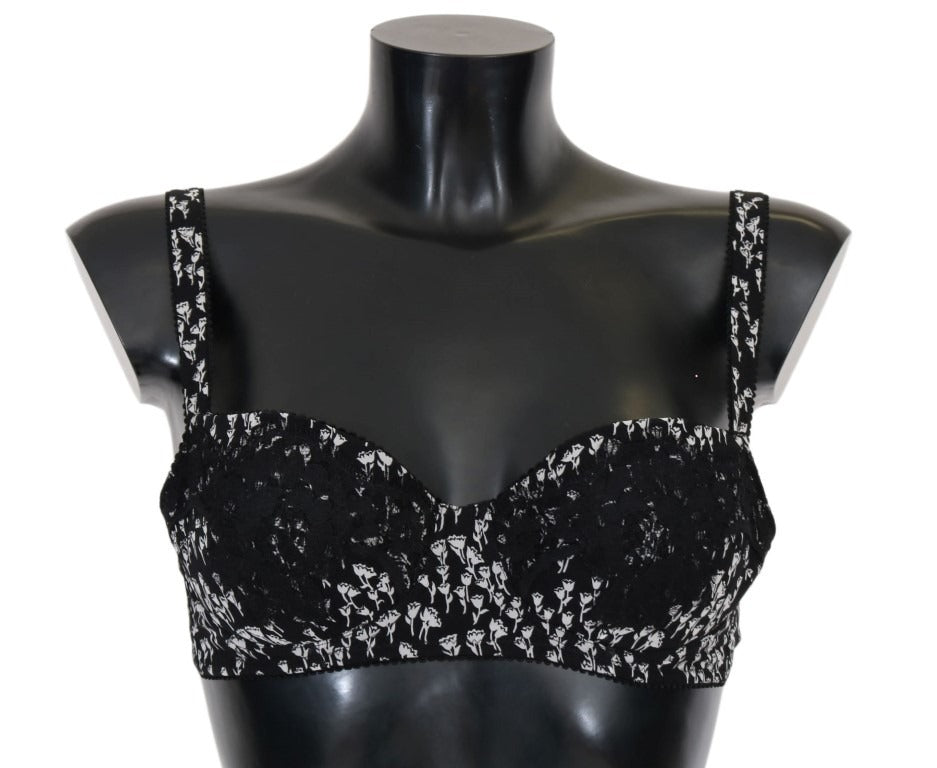 Black silk and white lace stretch underwear bra by Dolce & Gabbana featuring delicate lace details and smooth silk fabric.