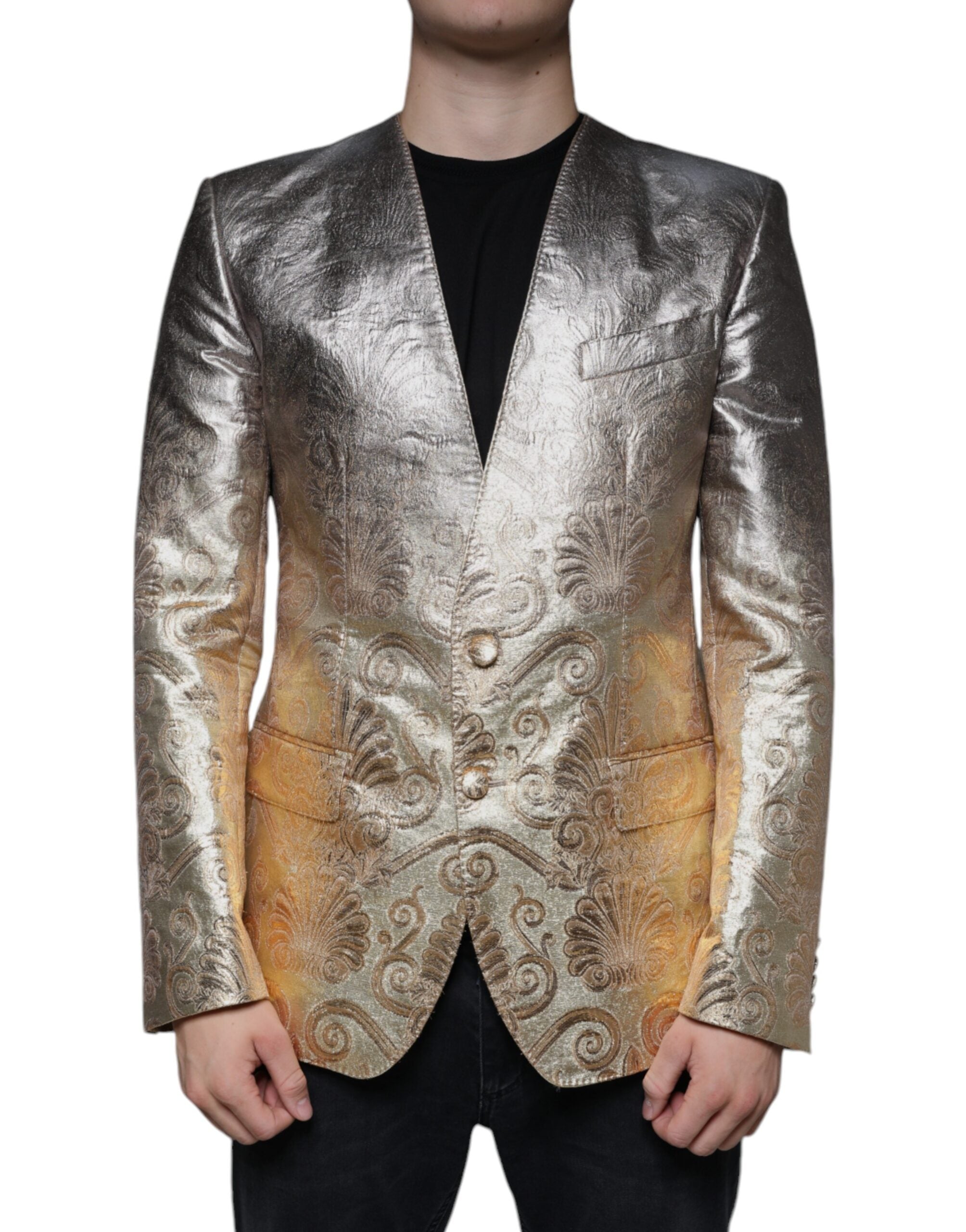 Gold jacquard single-breasted dress blazer by Dolce & Gabbana, featuring elegant fabric and tailored fit.
