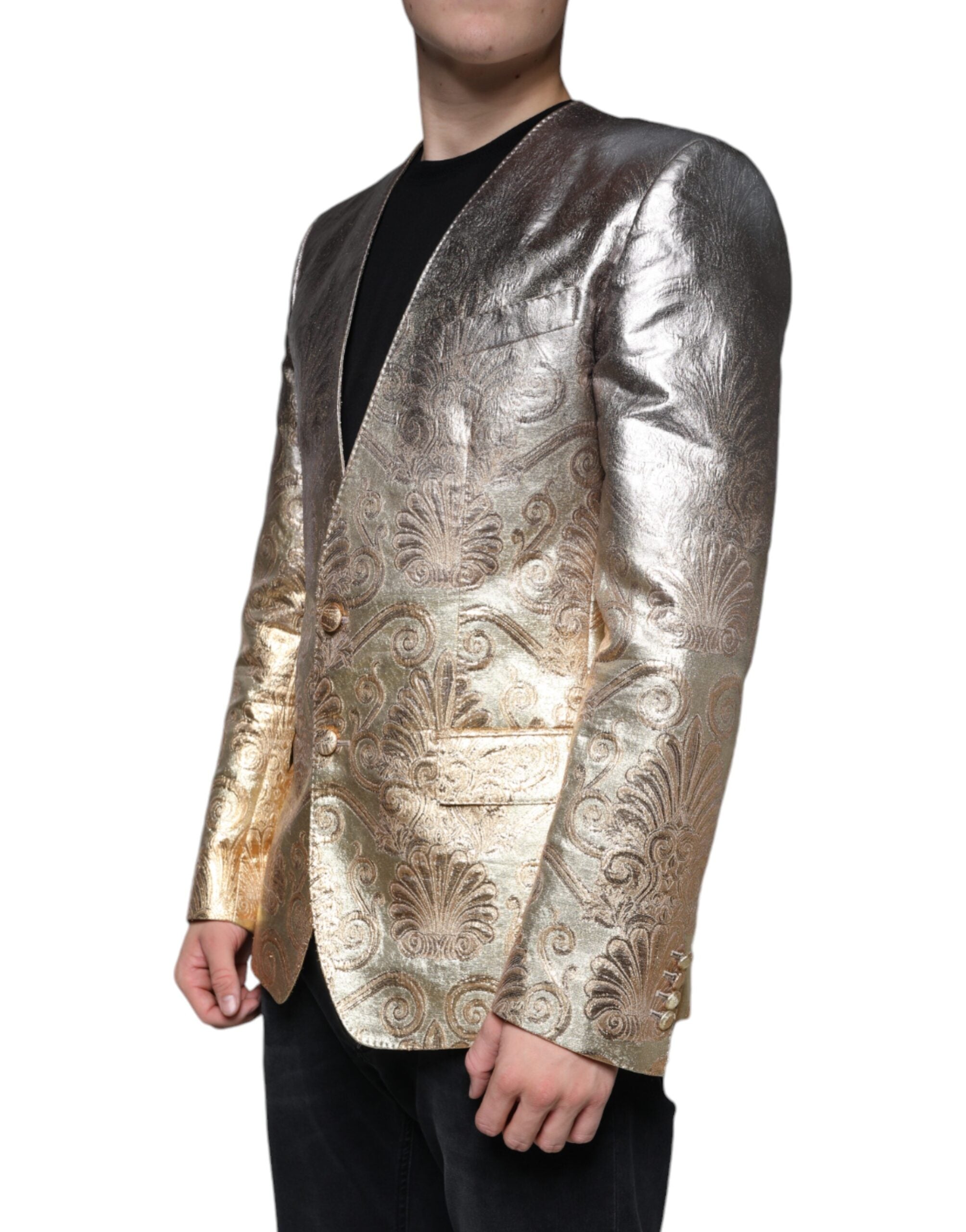 Gold Jacquard single-breasted dress blazer by Dolce & Gabbana, showcasing intricate fabric pattern and tailored fit.