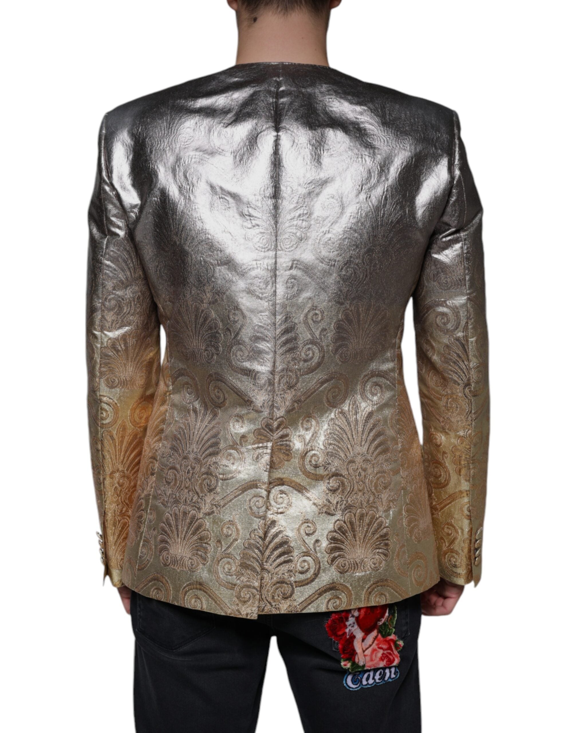Gold Jacquard single-breasted dress blazer by Dolce & Gabbana, featuring intricate woven pattern and tailored fit.