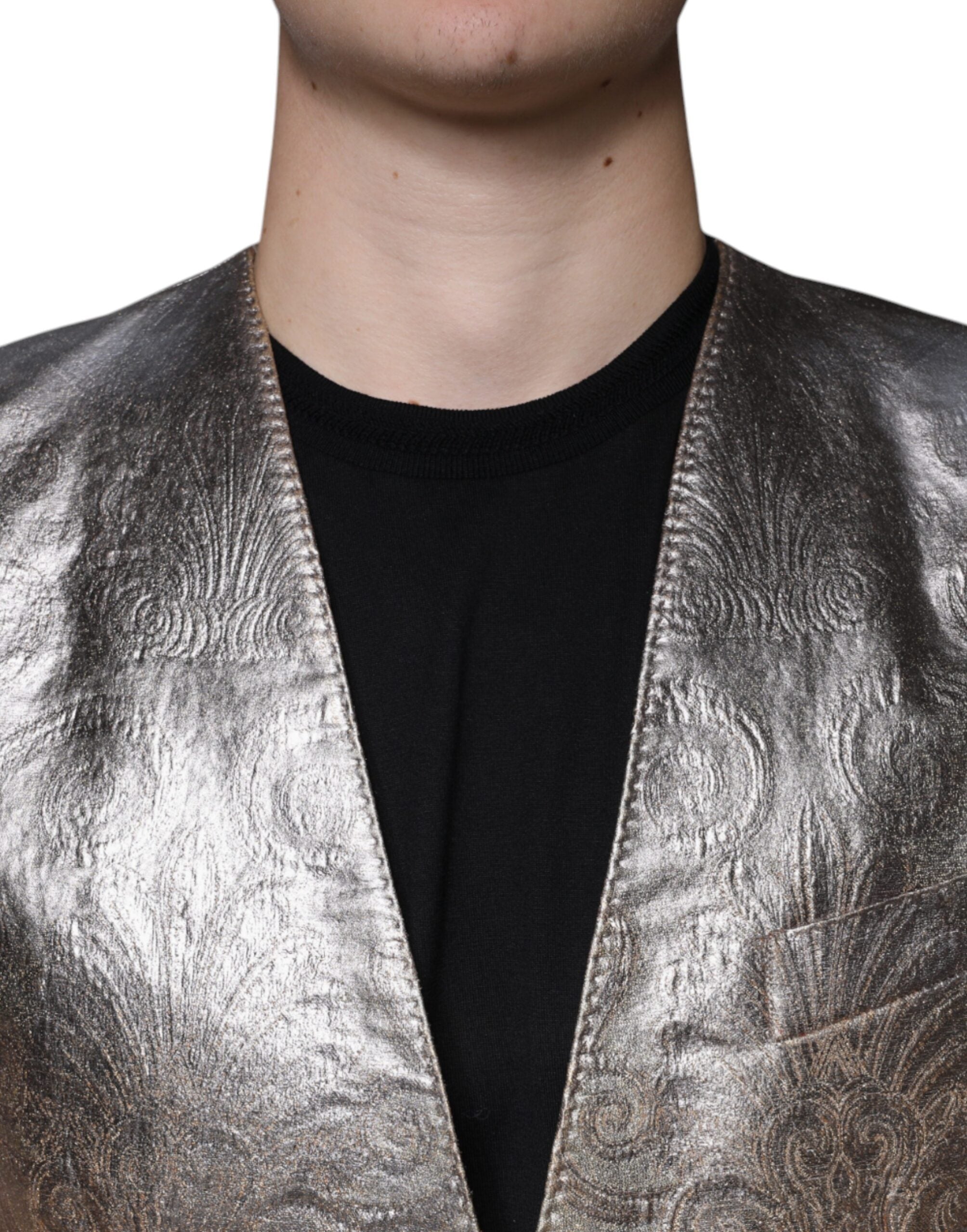 Gold Jacquard single-breasted dress blazer by Dolce & Gabbana, featuring intricate woven pattern and tailored fit.
