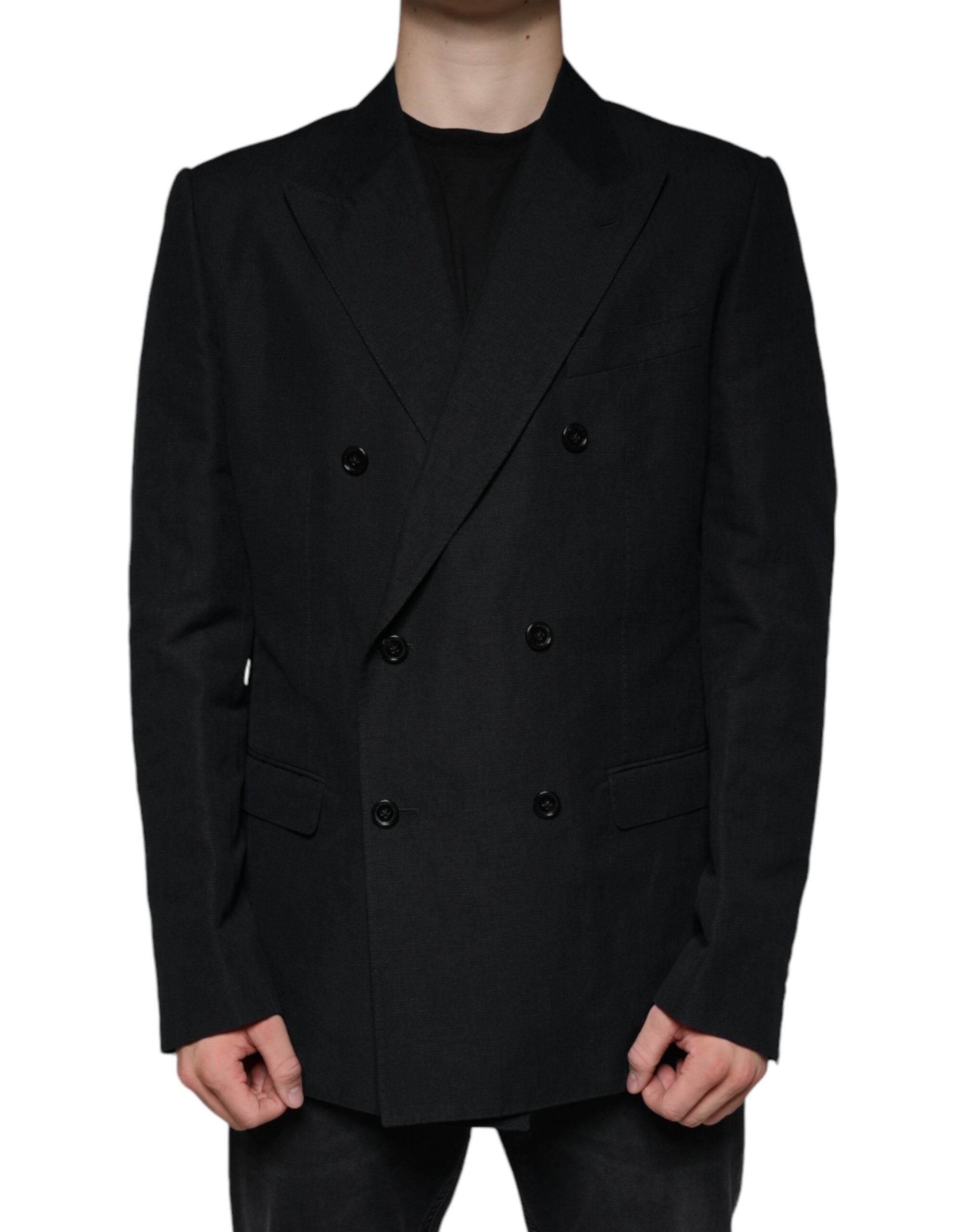 Black linen double-breasted dress blazer by Dolce & Gabbana, tailored fit with lapels and button closure, styled on a mannequin.