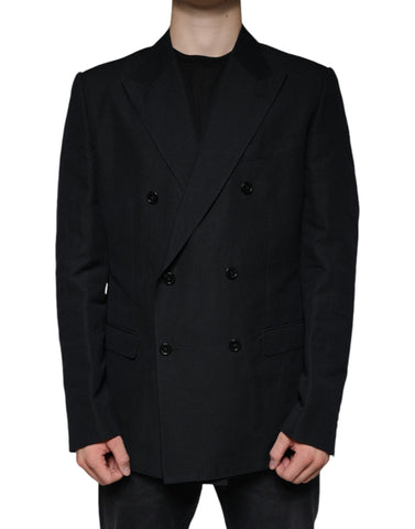 Dark Blue Linen Double Breasted Dress Blazer - Jag Couture London