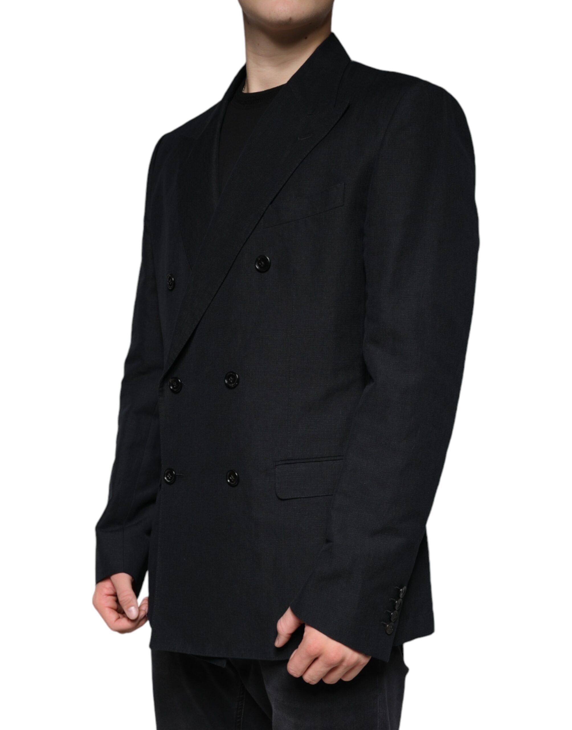Black linen double-breasted dress blazer by Dolce & Gabbana, tailored fit with classic lapels and stylish button details.
