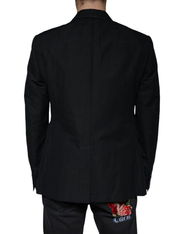 Black linen double-breasted dress blazer by Dolce & Gabbana, tailored fit with structured lapels and button closure.