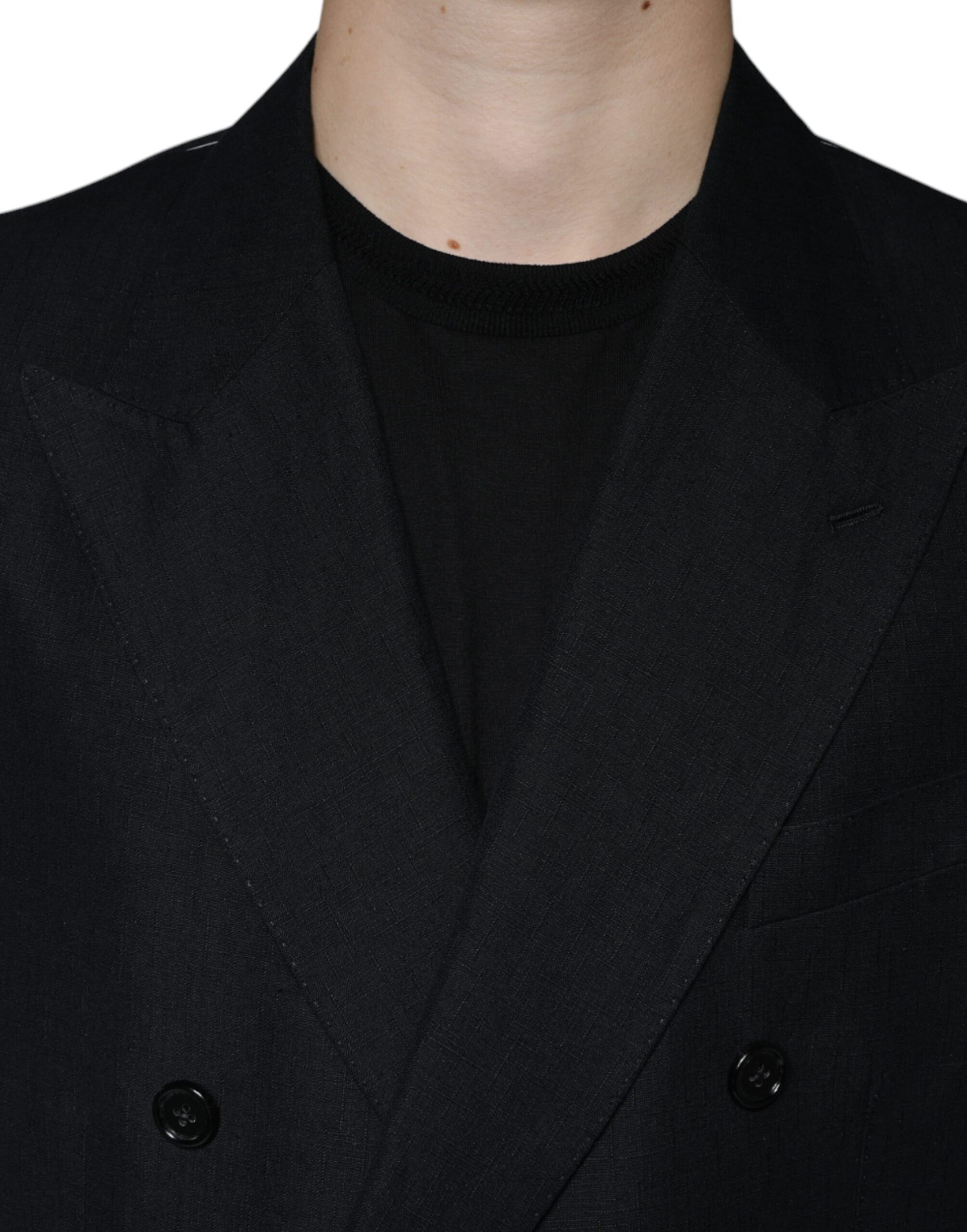 Black linen double-breasted dress blazer by Dolce & Gabbana, tailored fit with classic lapels and button closure.