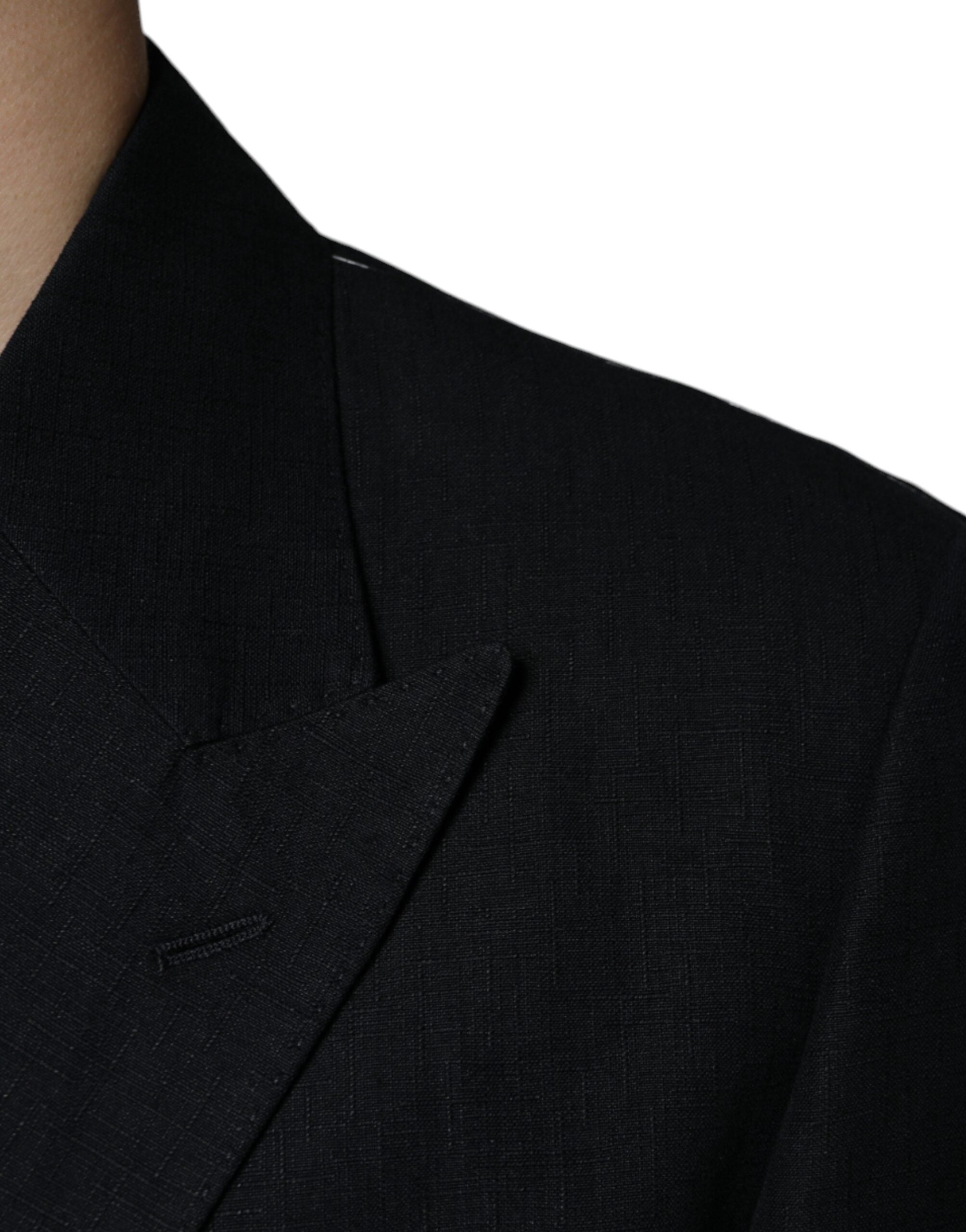 Black linen double-breasted blazer dress by Dolce & Gabbana, tailored fit with lapels and button closure.