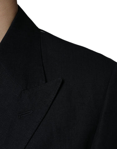 Dark Blue Linen Double Breasted Dress Blazer