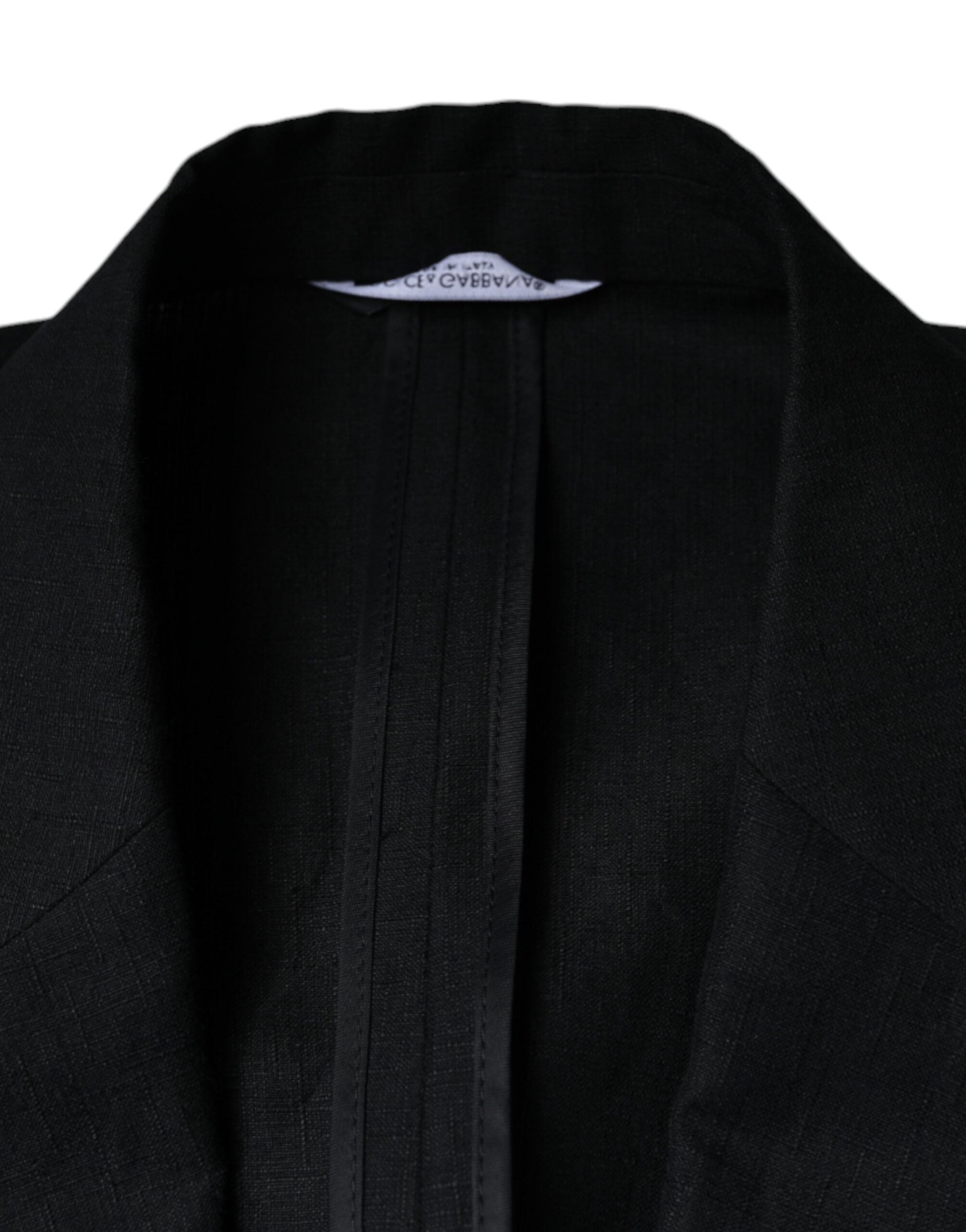 Black linen double-breasted blazer dress by Dolce & Gabbana, tailored fit with lapel collar and button closure.