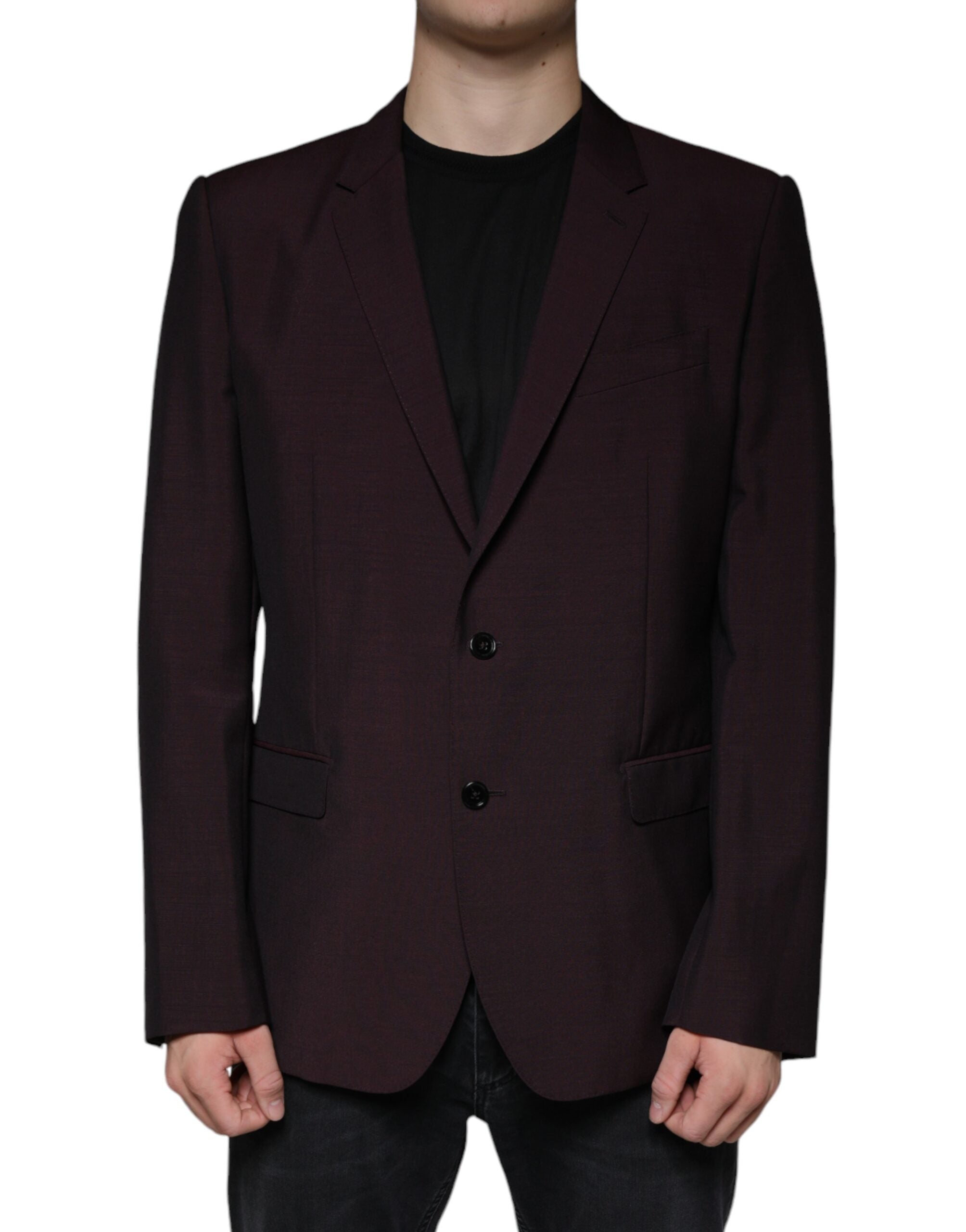 Bordeaux wool single-breasted dress blazer by Dolce & Gabbana, tailored fit with notched lapels and front button closure.