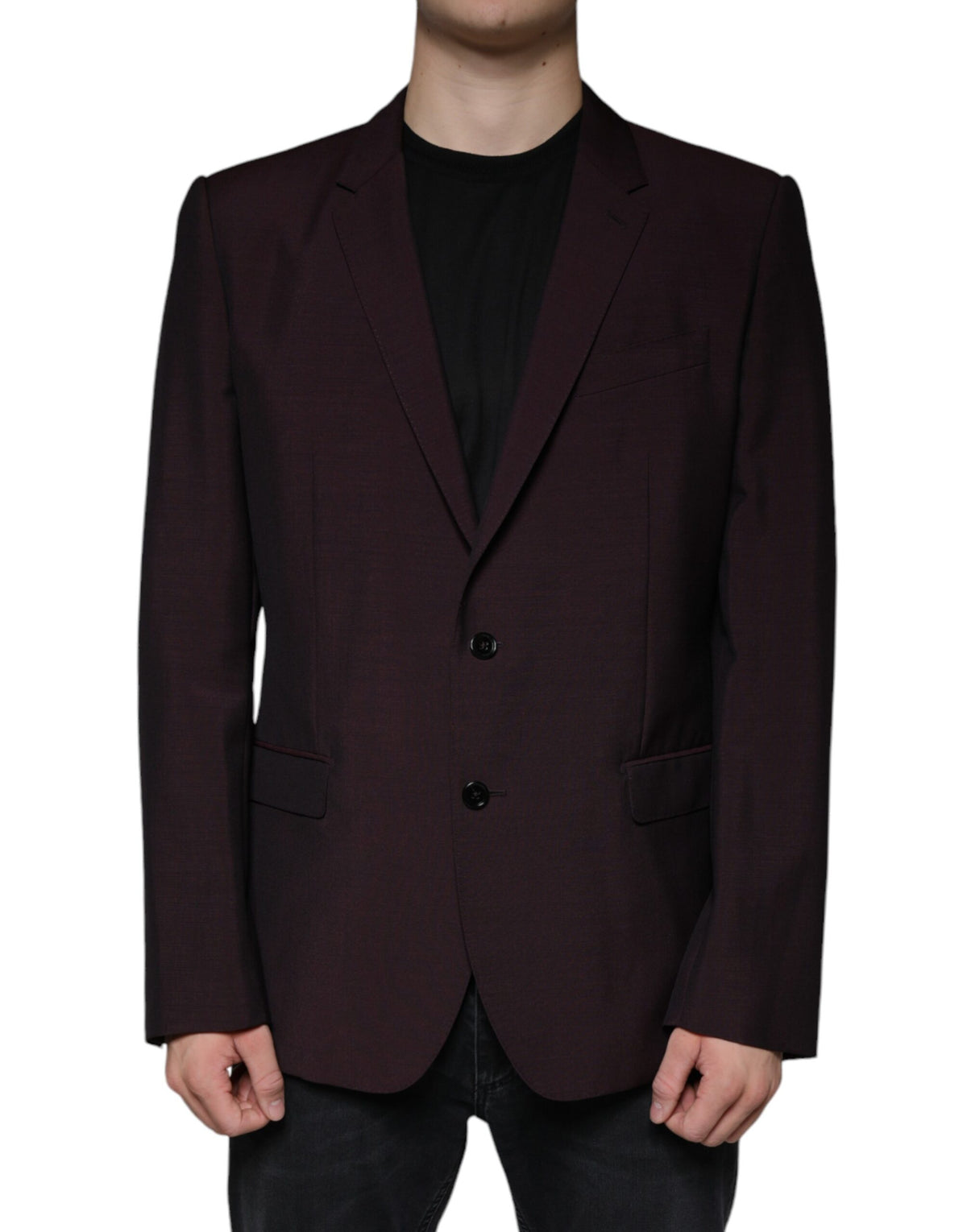 Bordeaux wool single-breasted dress blazer by Dolce & Gabbana, tailored fit with notched lapels and front button closure.