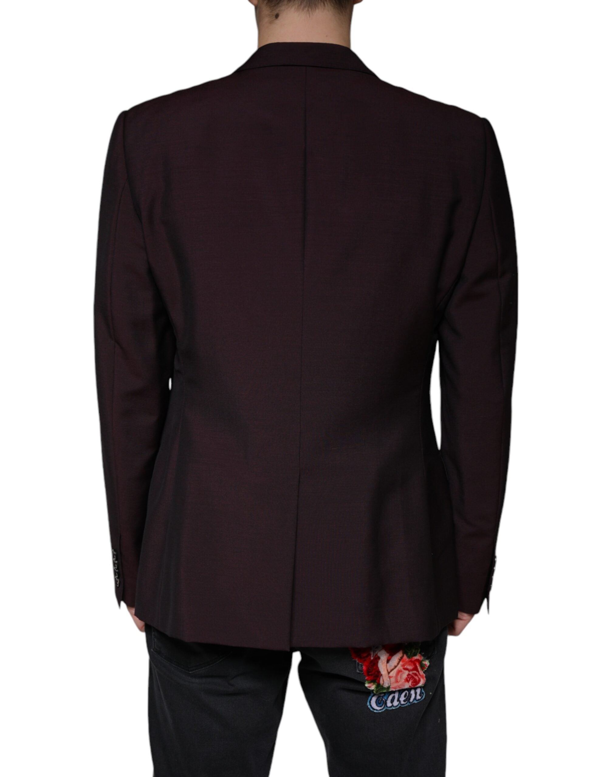 Bordeaux wool single-breasted dress blazer by Dolce & Gabbana, showing tailored fit and classic lapel detail.