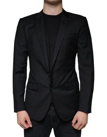 Black Dolce & Gabbana MARTINI Bee single-breasted blazer with notch lapels, tailored fit, and gold bee embroidery on the chest.