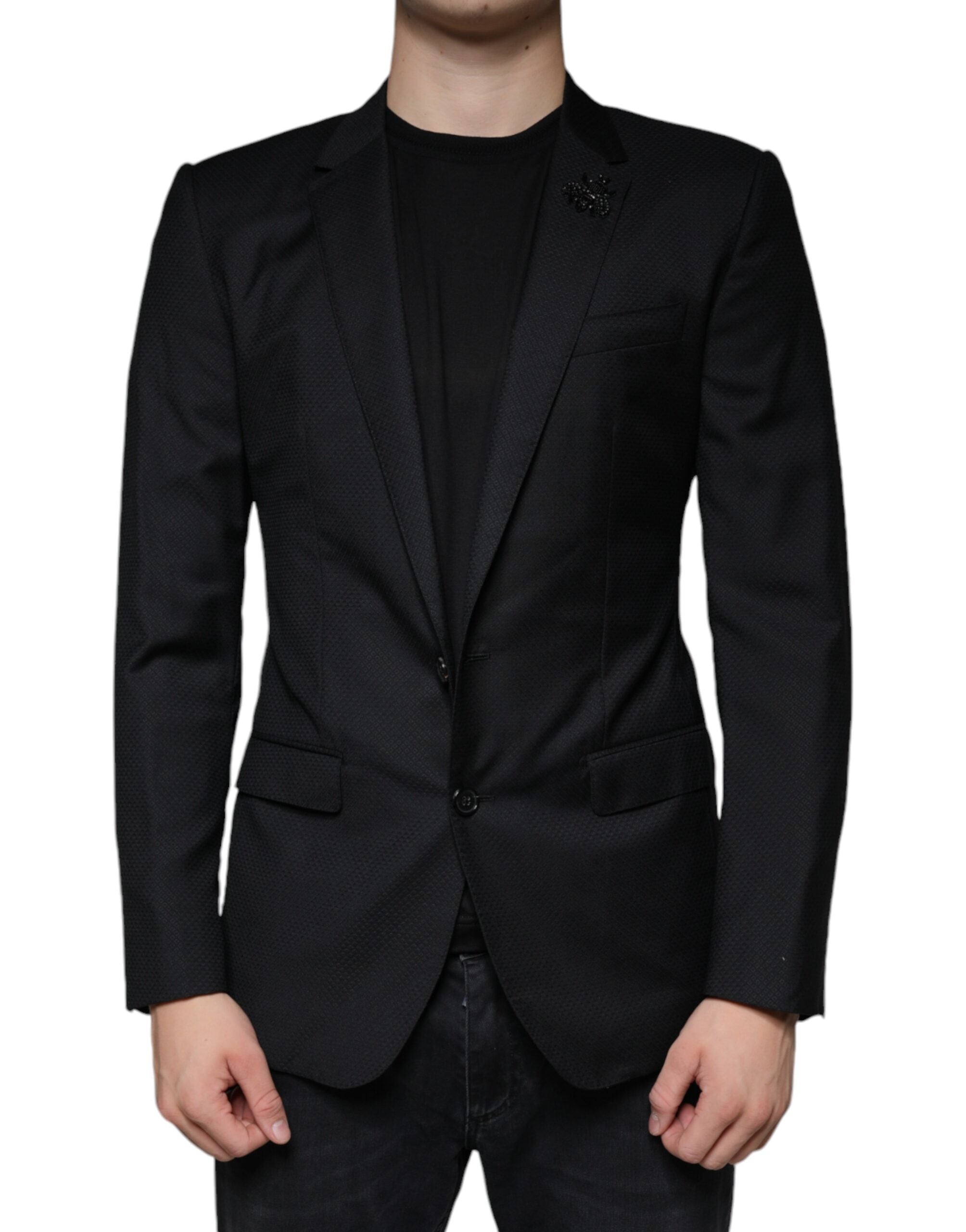 Black Dolce & Gabbana MARTINI Bee single-breasted blazer, tailored fit with lapel collar and button closure, displayed on a hanger.