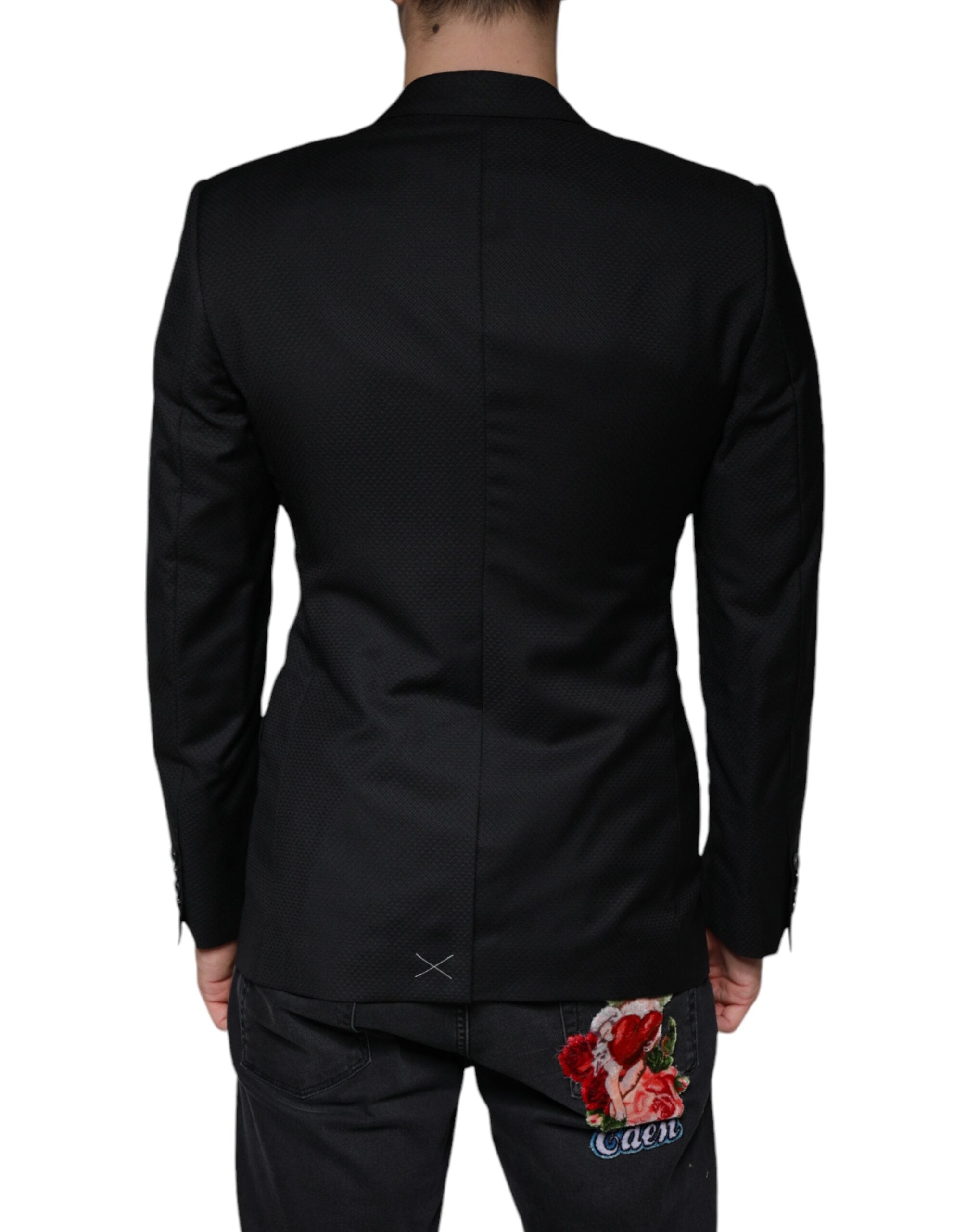 Black Dolce & Gabbana MARTINI Bee single-breasted blazer with notch lapels and tailored fit, shown on a model.