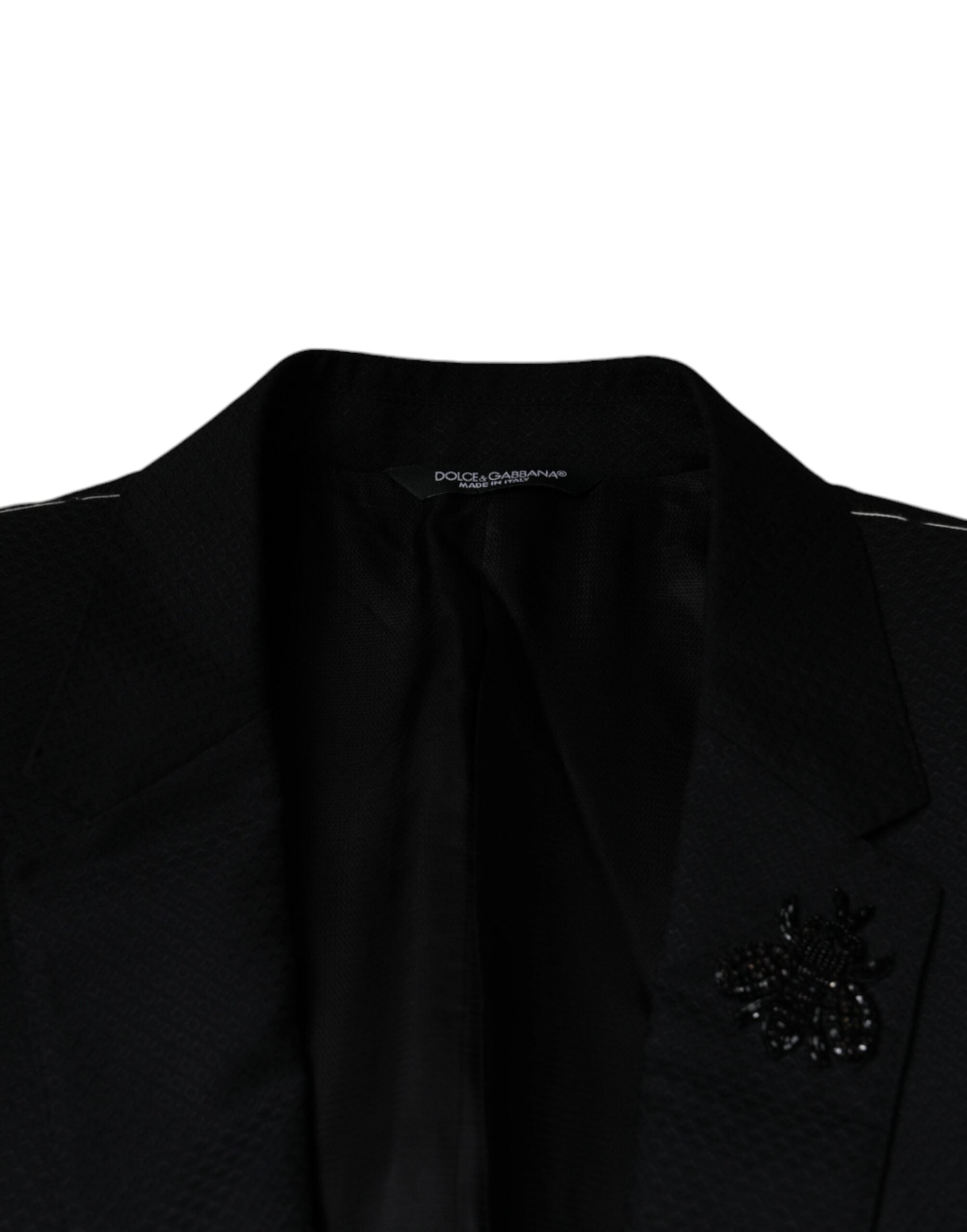 Black Dolce & Gabbana MARTINI Bee single-breasted blazer with notch lapel and tailored fit, displayed on a hanger.